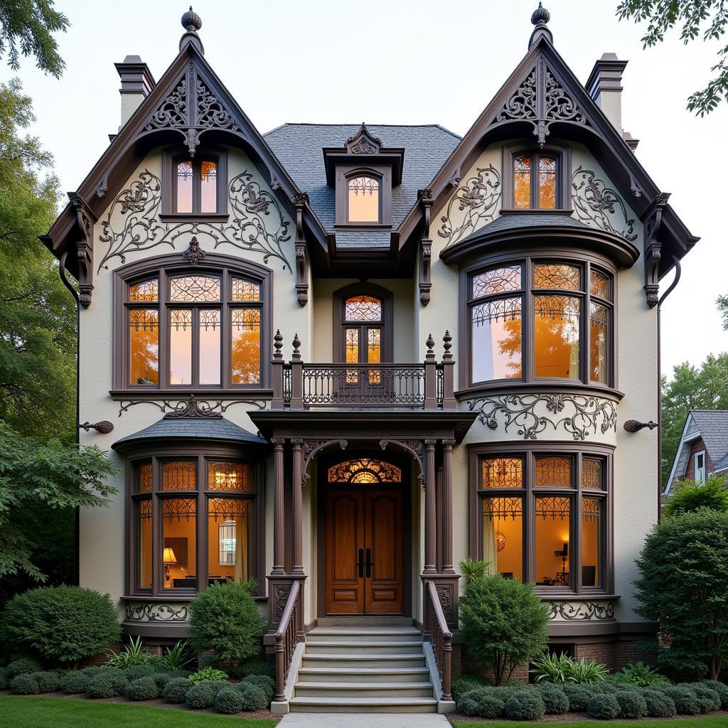 Art Nouveau House Exterior with Stained Glass Windows