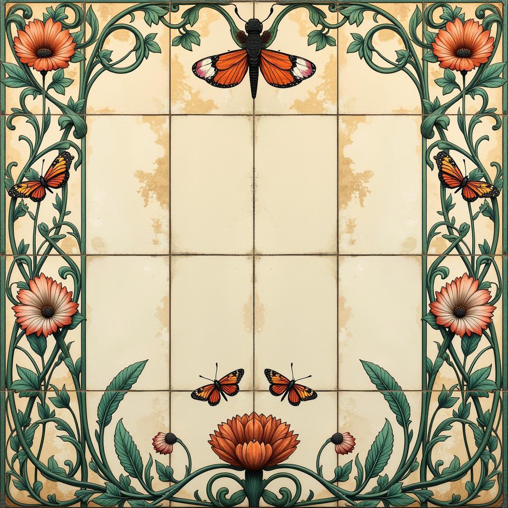 Art Nouveau tile panel featuring insects and floral motifs