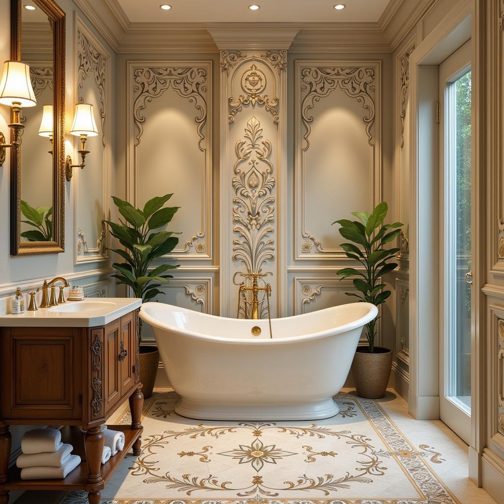 Art Nouveau Bathroom: A stunning bathroom showcasing intricate Art Nouveau tile designs on the floor and walls, combined with elegant fixtures and soft lighting. The room exudes a sense of timeless beauty and sophistication.