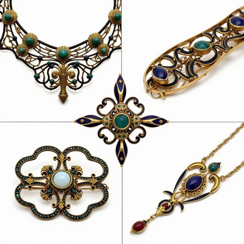 Antique Art Nouveau necklaces and brooches displayed in a velvet-lined case.