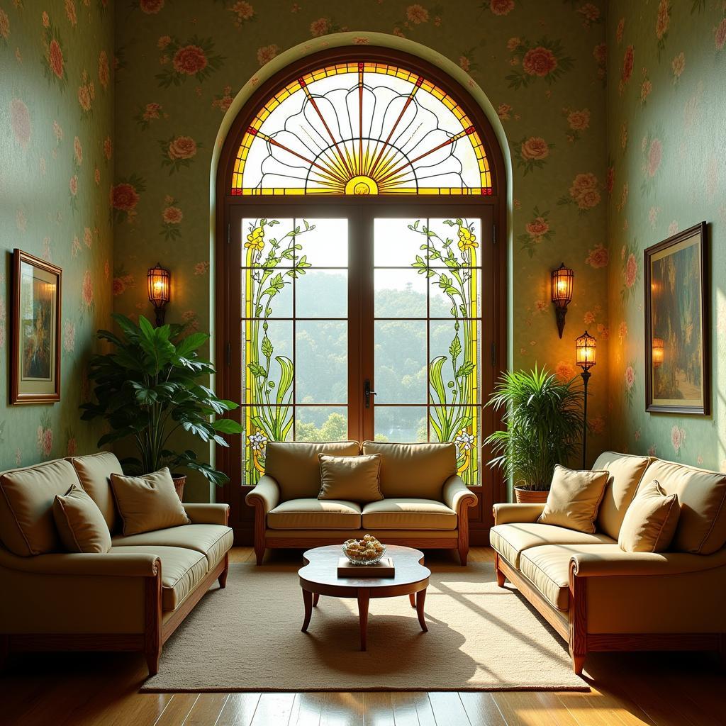 Art Nouveau living room featuring floral wallpaper, stained glass windows, and curved furniture