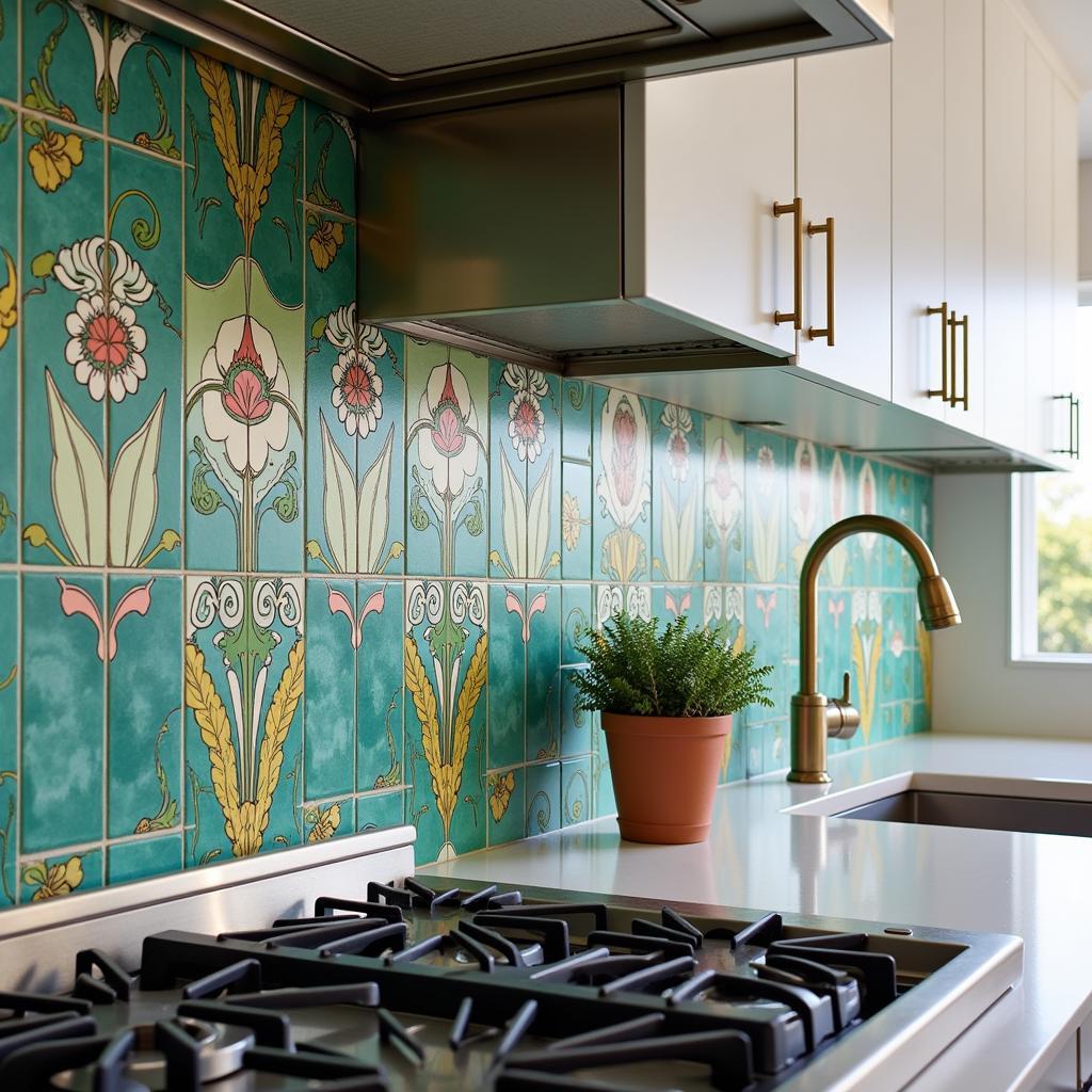 Art Nouveau Tile Backsplash in a Modern Kitchen