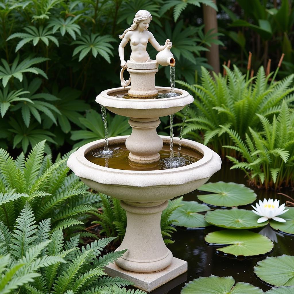 An elegant Art Nouveau water feature with a sculpted nymph