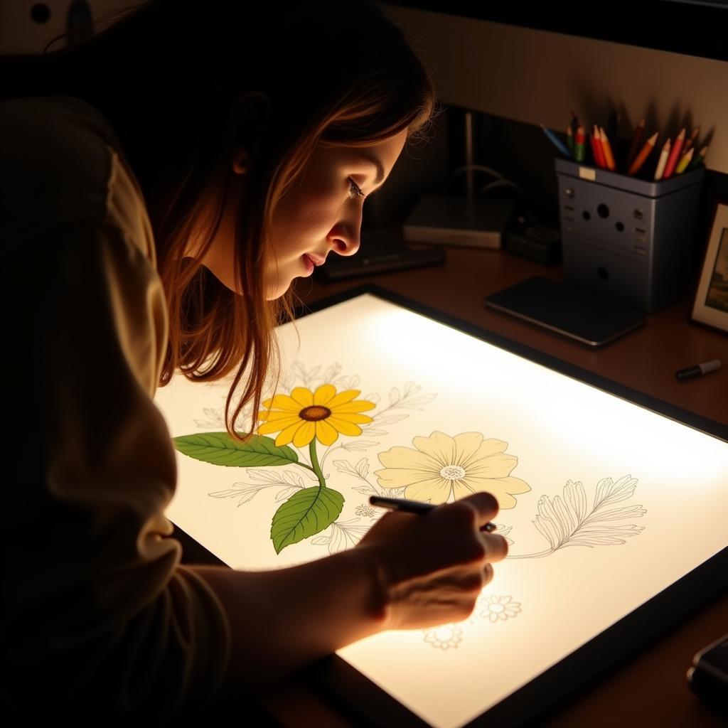 Artist using an art o graph light pad to trace a detailed illustration.