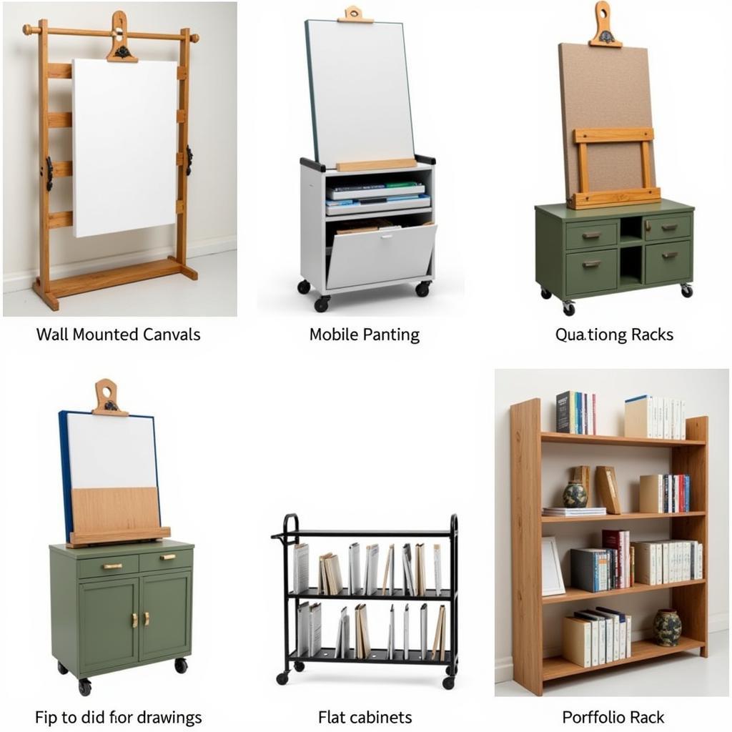 Different Types of Art Racks Storage: Wall-mounted racks, mobile carts, flat files, and portfolio racks.