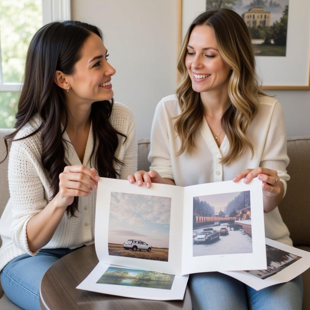 Art selection consultation: An interior designer discussing art options with a client, showing various prints and styles to find the perfect match for their space.