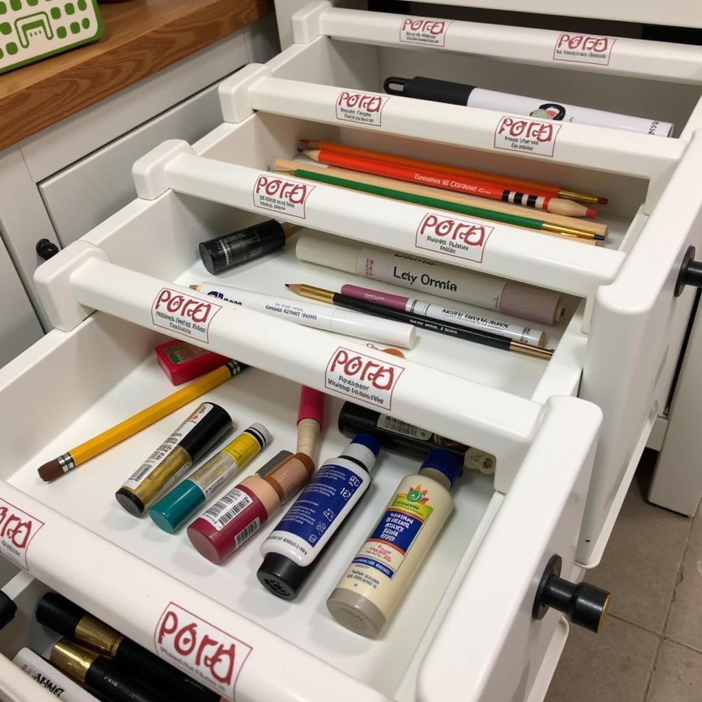 An art supply cabinet organizer with drawers, showcasing a variety of art supplies neatly organized and easily accessible. The image highlights the functionality and efficiency of using drawers for storing different types of art materials.