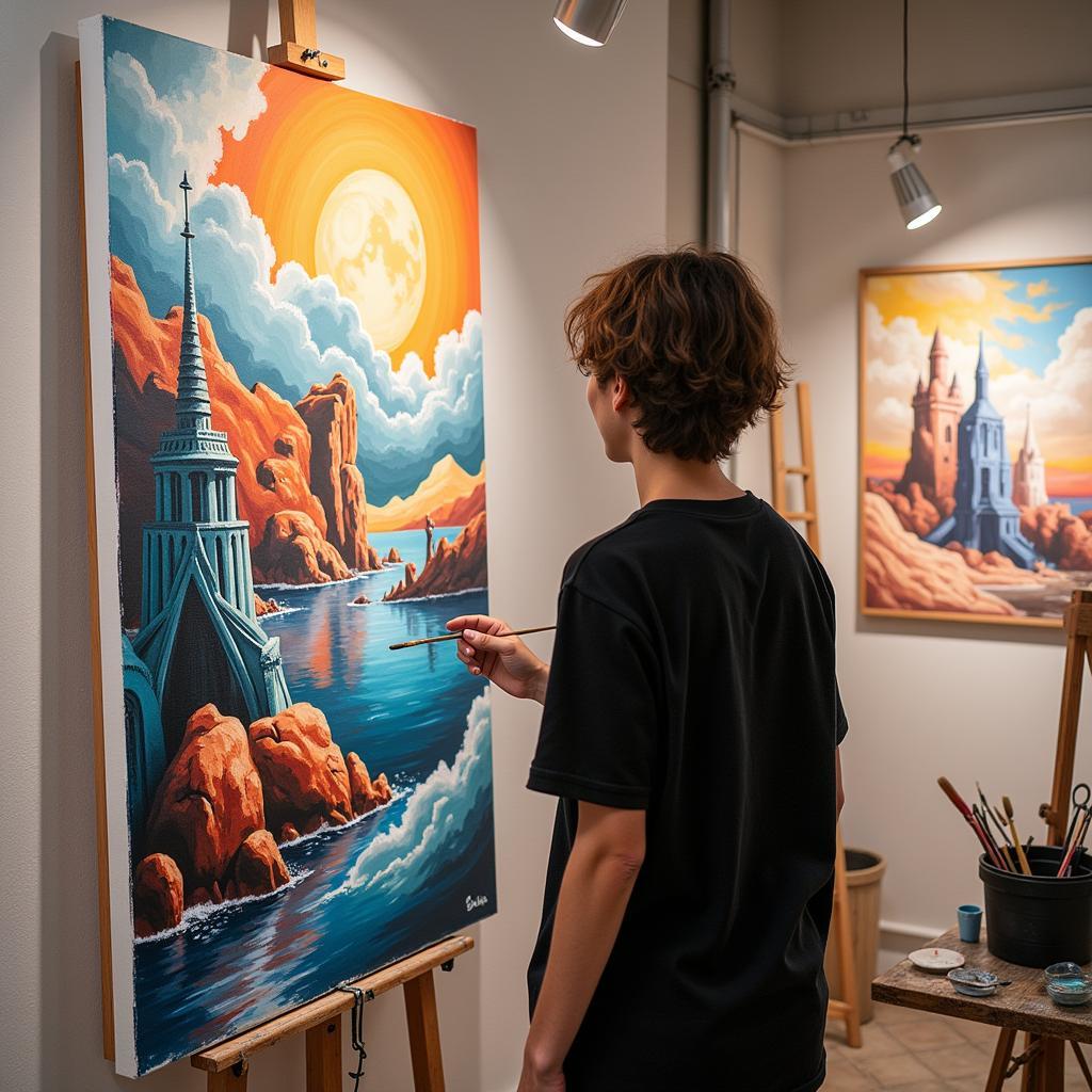 Artist Putting Final Touches on an XL Canvas Painting