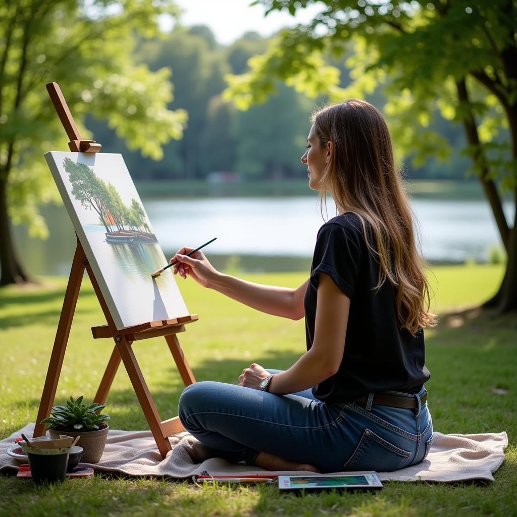 An artist painting outdoors using a foldable art table