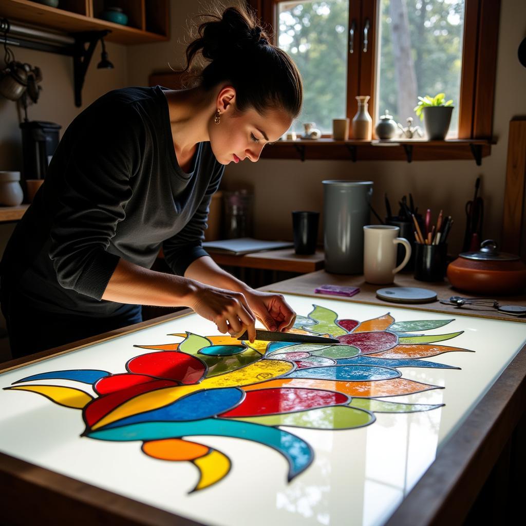 An artist meticulously working with art glass sheets, cutting and arranging them to create a vibrant stained-glass piece.