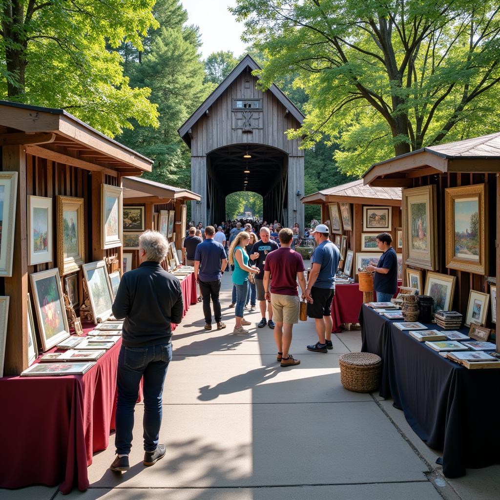 Artists displaying paintings and sculptures at a covered bridge arts festival