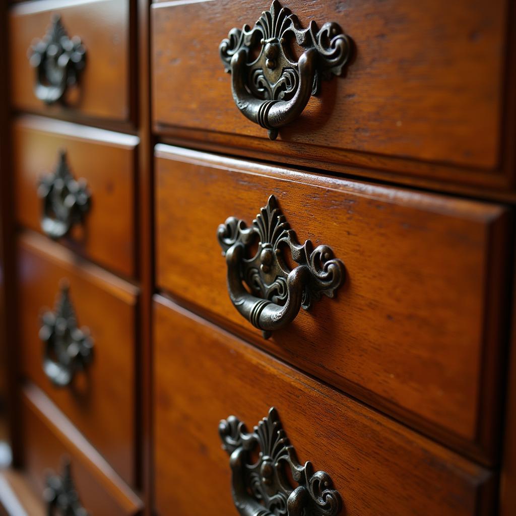 Arts and Crafts style drawer pulls enhancing a wooden cabinet