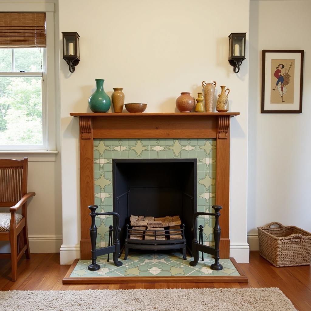 Complementary design elements for Arts and Crafts fireplaces, including sconces and andirons.