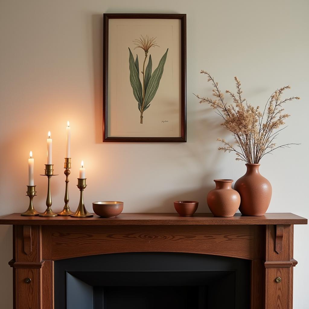 Arts and Crafts mantel decor ideas showcasing pottery, candles, and framed artwork.