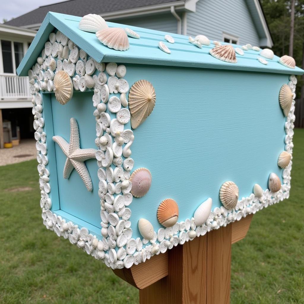 An arts and crafts mailbox decorated with a nautical theme, featuring seashells and starfish.