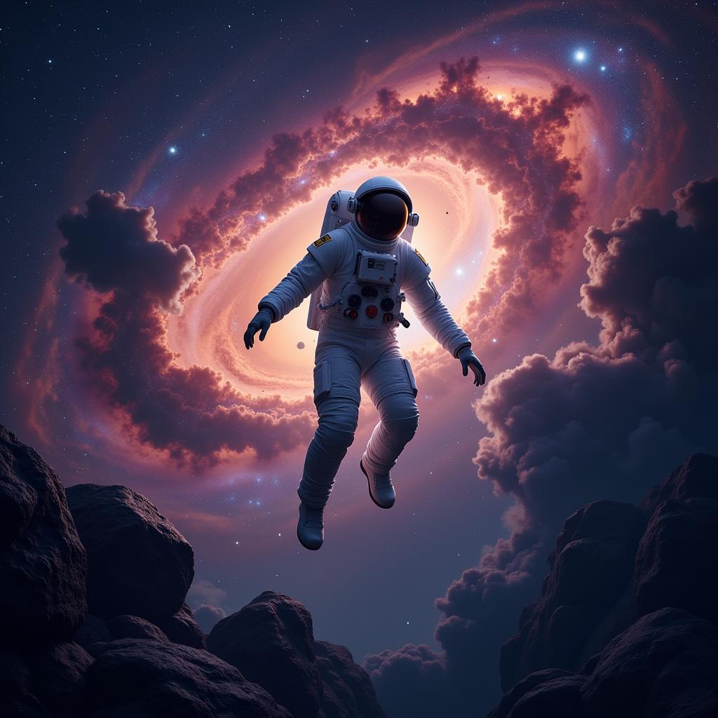 Astronaut floating in the vast expanse of space, with stars and nebulae in the background. Wall art depicting this scene.