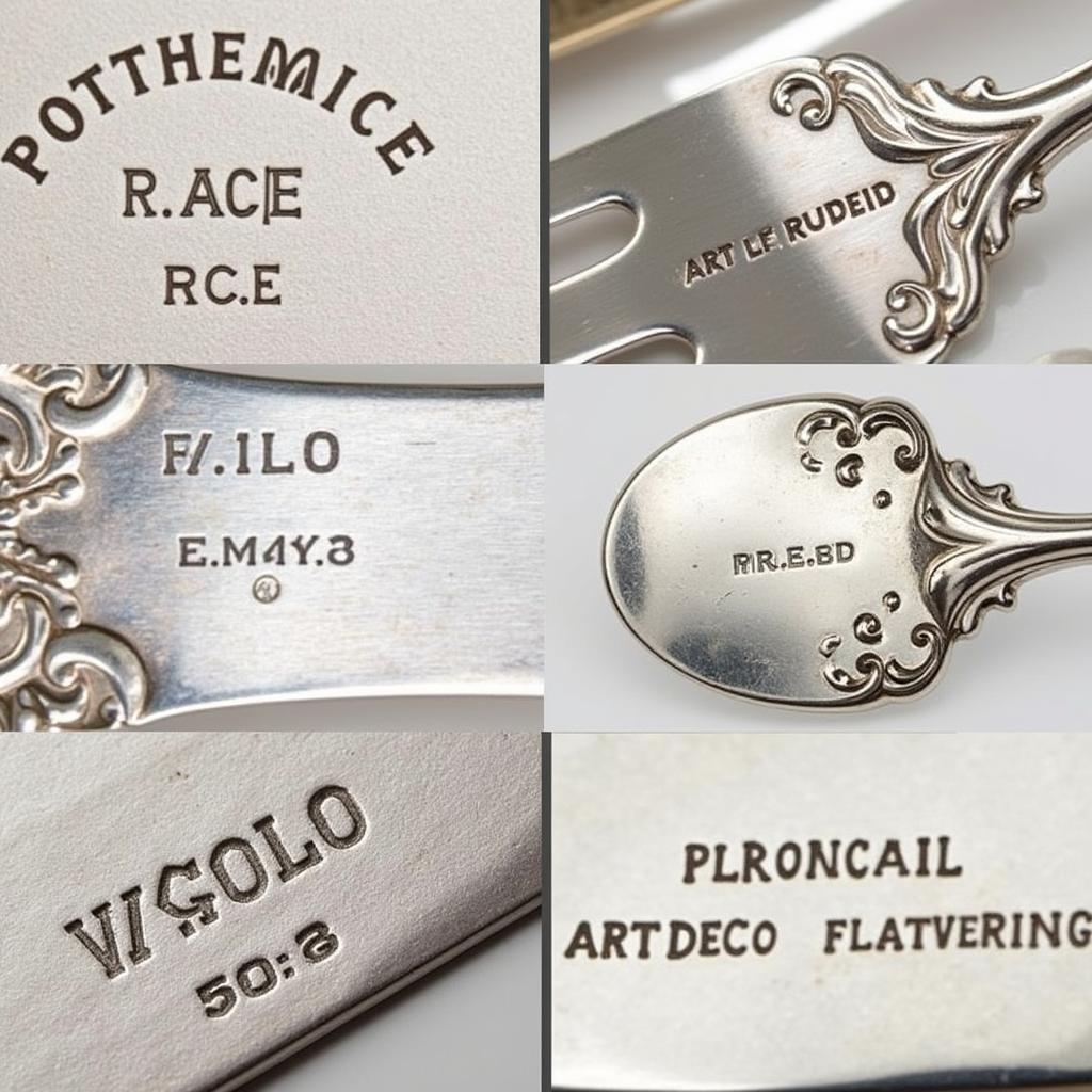 Close-up view of hallmarks and maker's marks on authentic art deco flatware pieces.