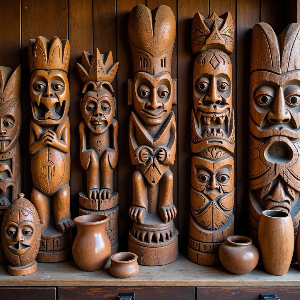 Authentic tiki bar art, including vintage carvings and masks