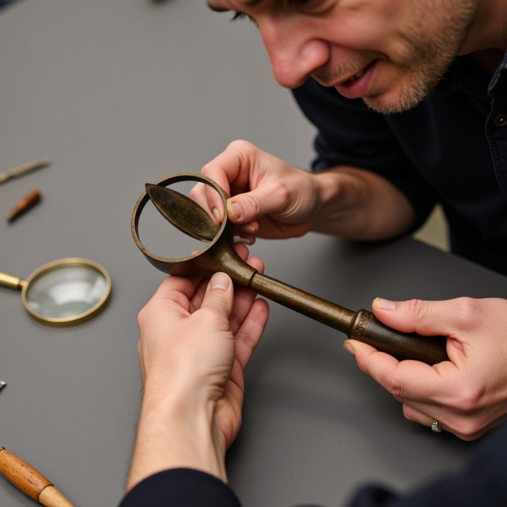 Authenticating a French Art Nouveau Car Horn: Showing a collector examining a car horn for hallmarks and signs of craftsmanship.