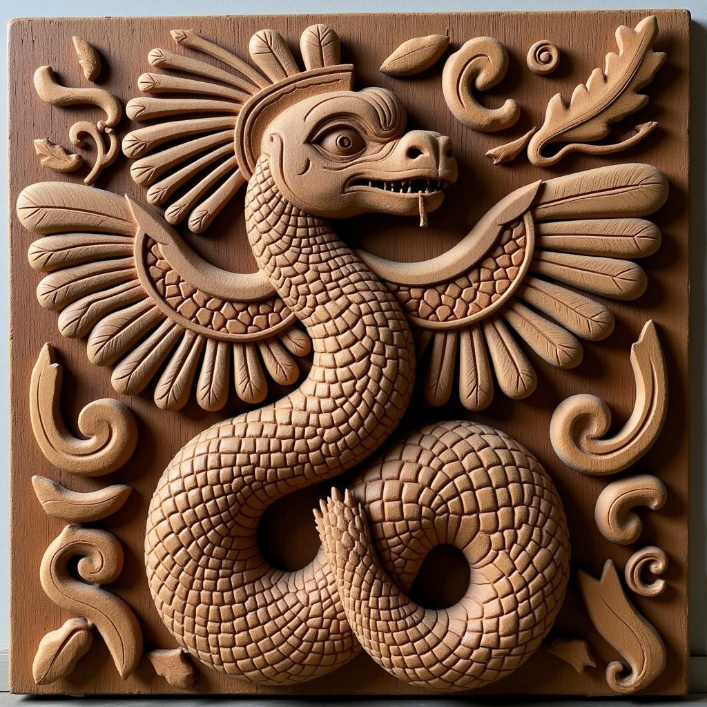 Large Aztec Serpent God Carved Wooden Panel Showcasing Traditional Craftsmanship and Symbolic Imagery