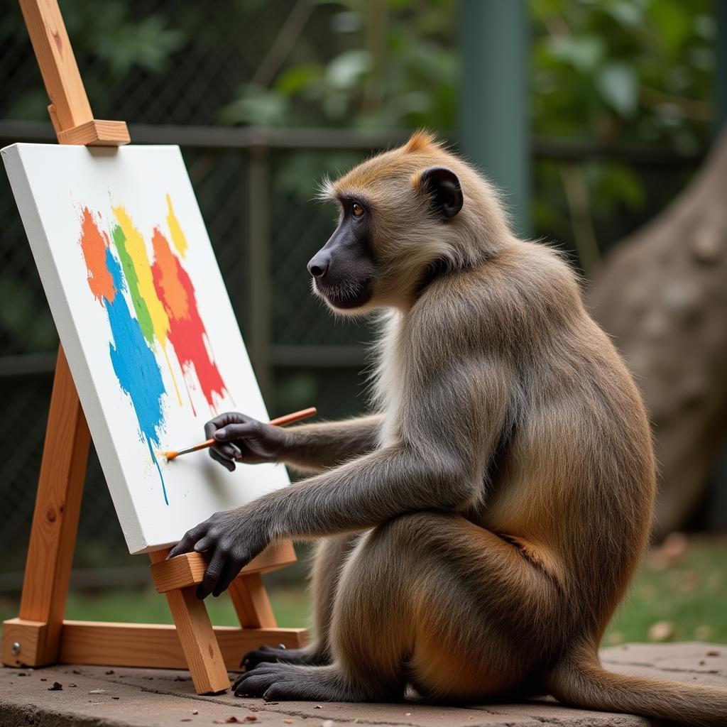 Baboon Painting in a Zoo