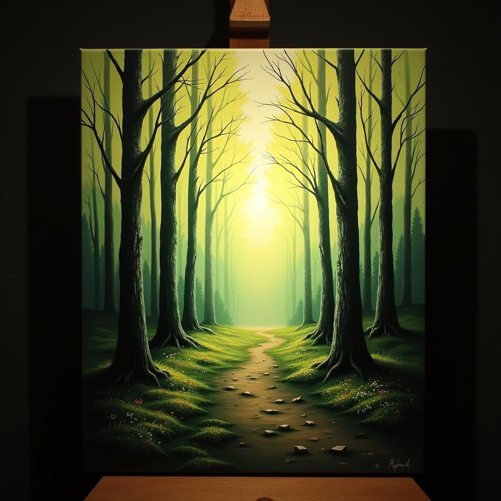 Backlit canvas art featuring a serene nature scene, creating a calming and ethereal atmosphere.