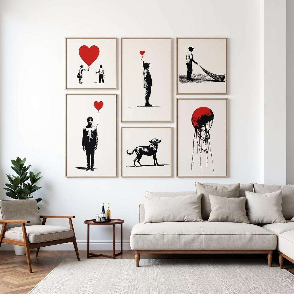 A collection of Banksy canvas prints displayed on a gallery wall.