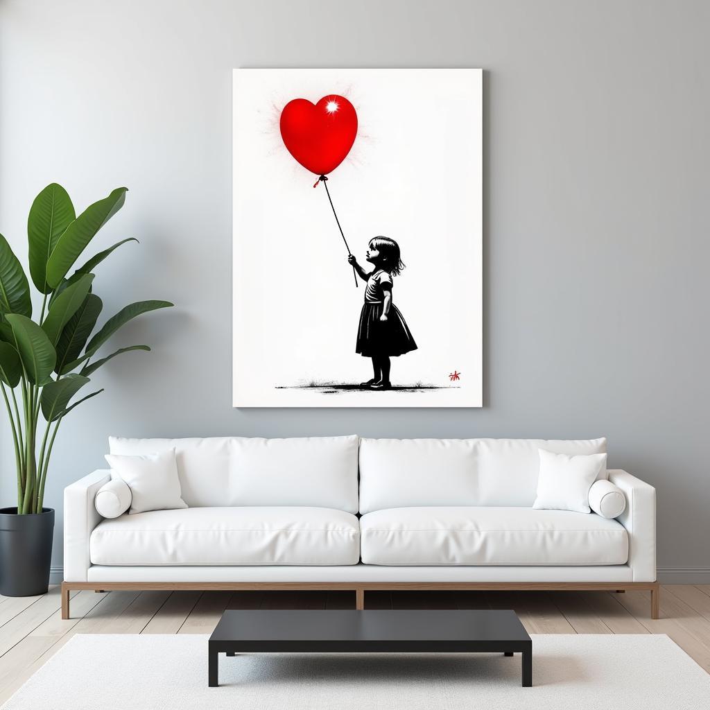 Banksy's Girl with Balloon canvas print displayed in a modern living room.