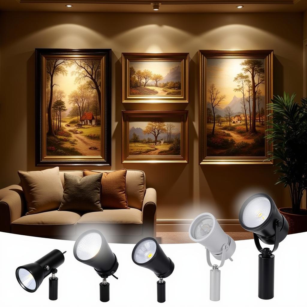 Battery operated art lights illuminating a home gallery setup