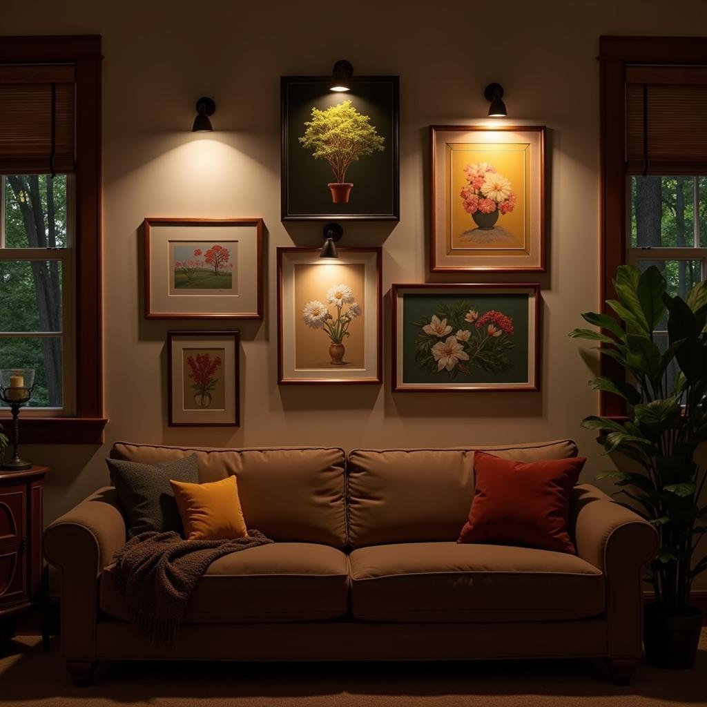 Battery powered spotlights illuminating a home art display