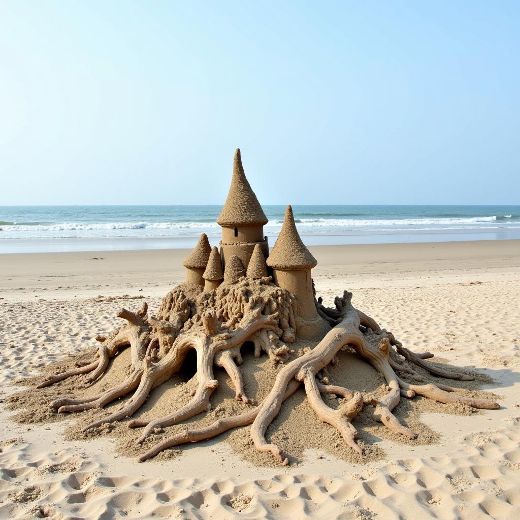 Beach art featuring a sandcastle and driftwood sculpture