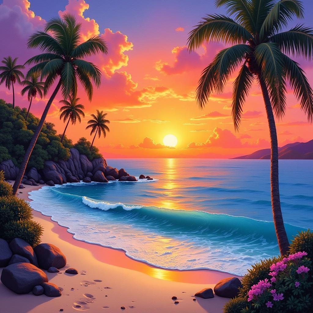 Beach scene painting with a vibrant sunset over the ocean