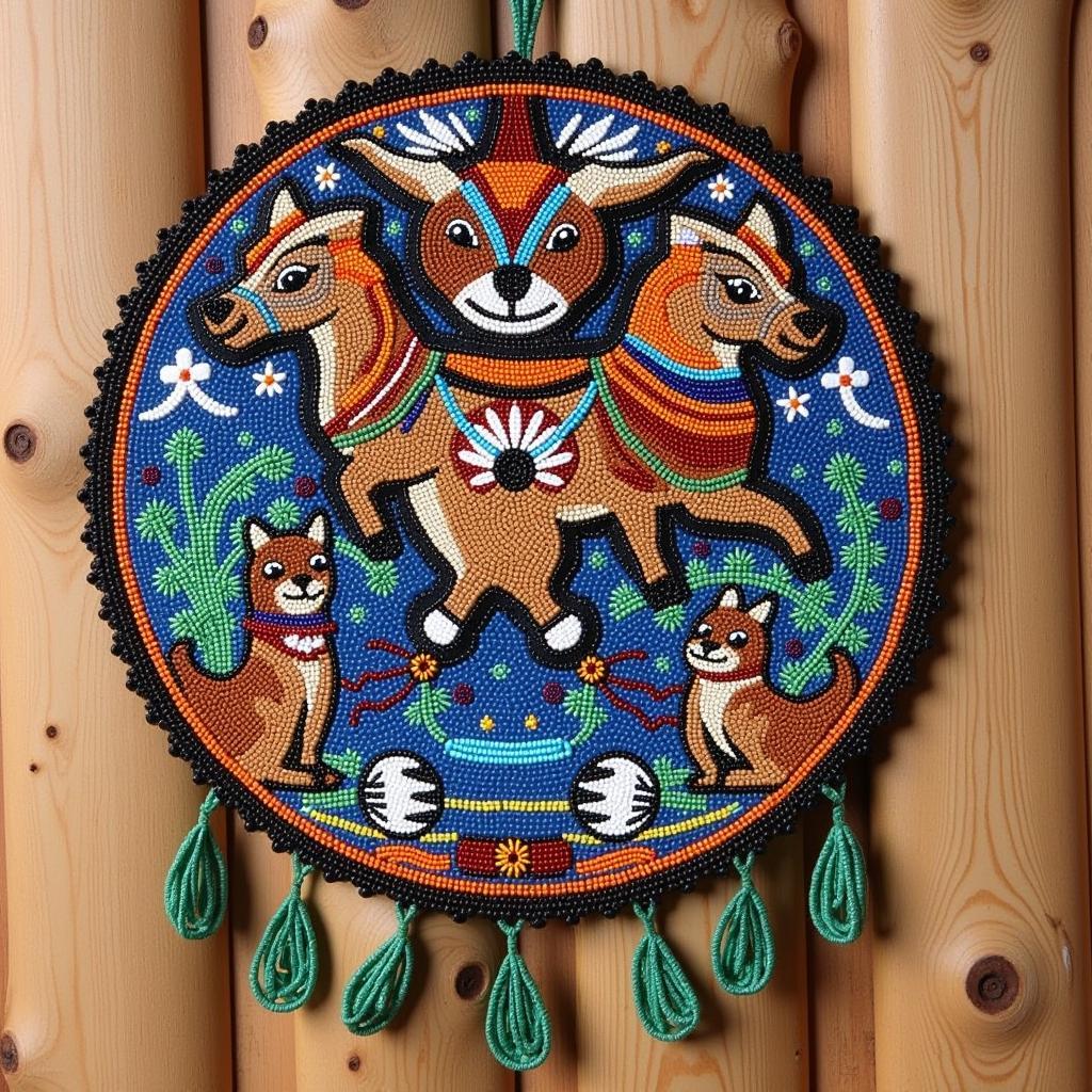 Beaded wall art depicting Native American storytelling