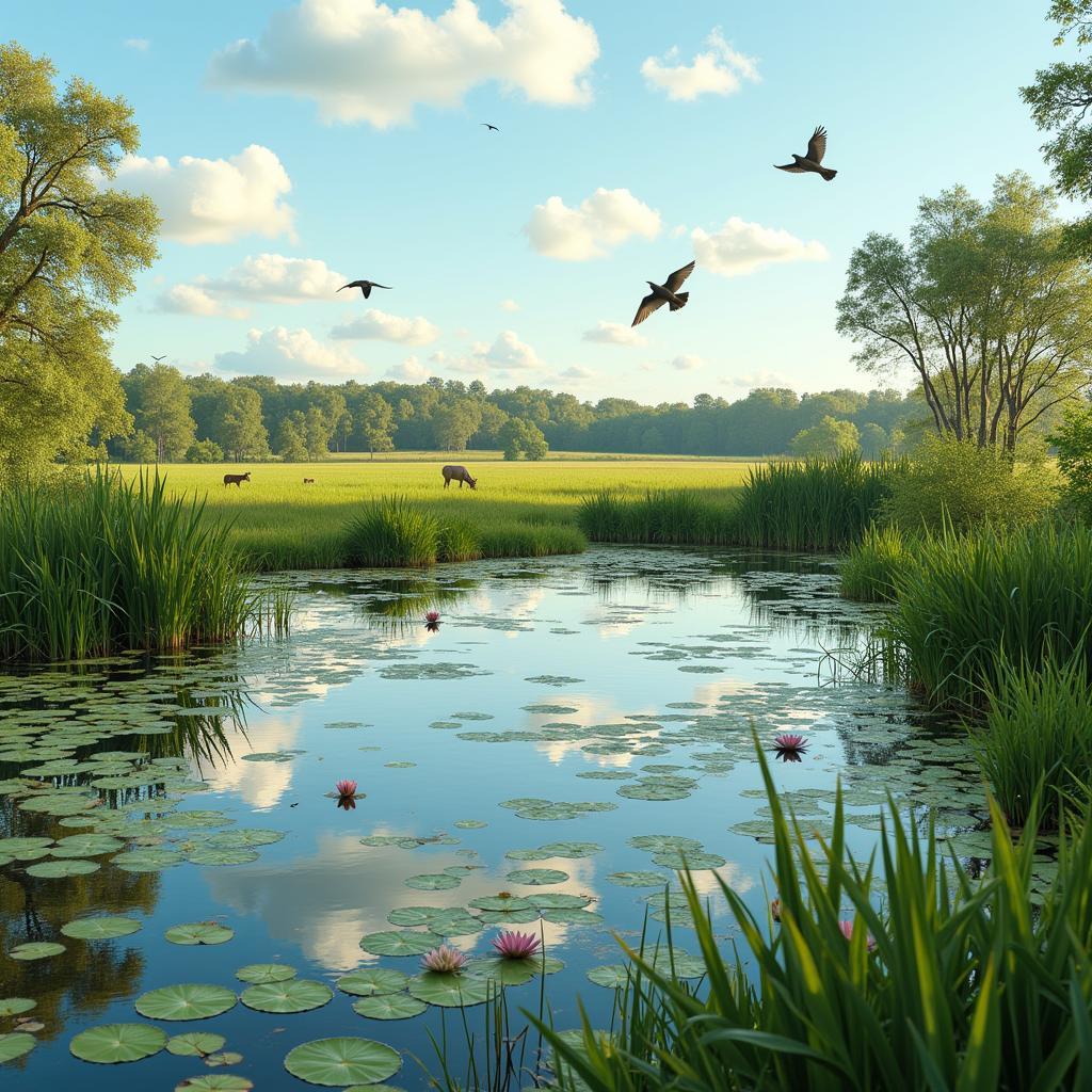 A vibrant wetland created by beaver activity, showcasing the diverse flora and fauna.