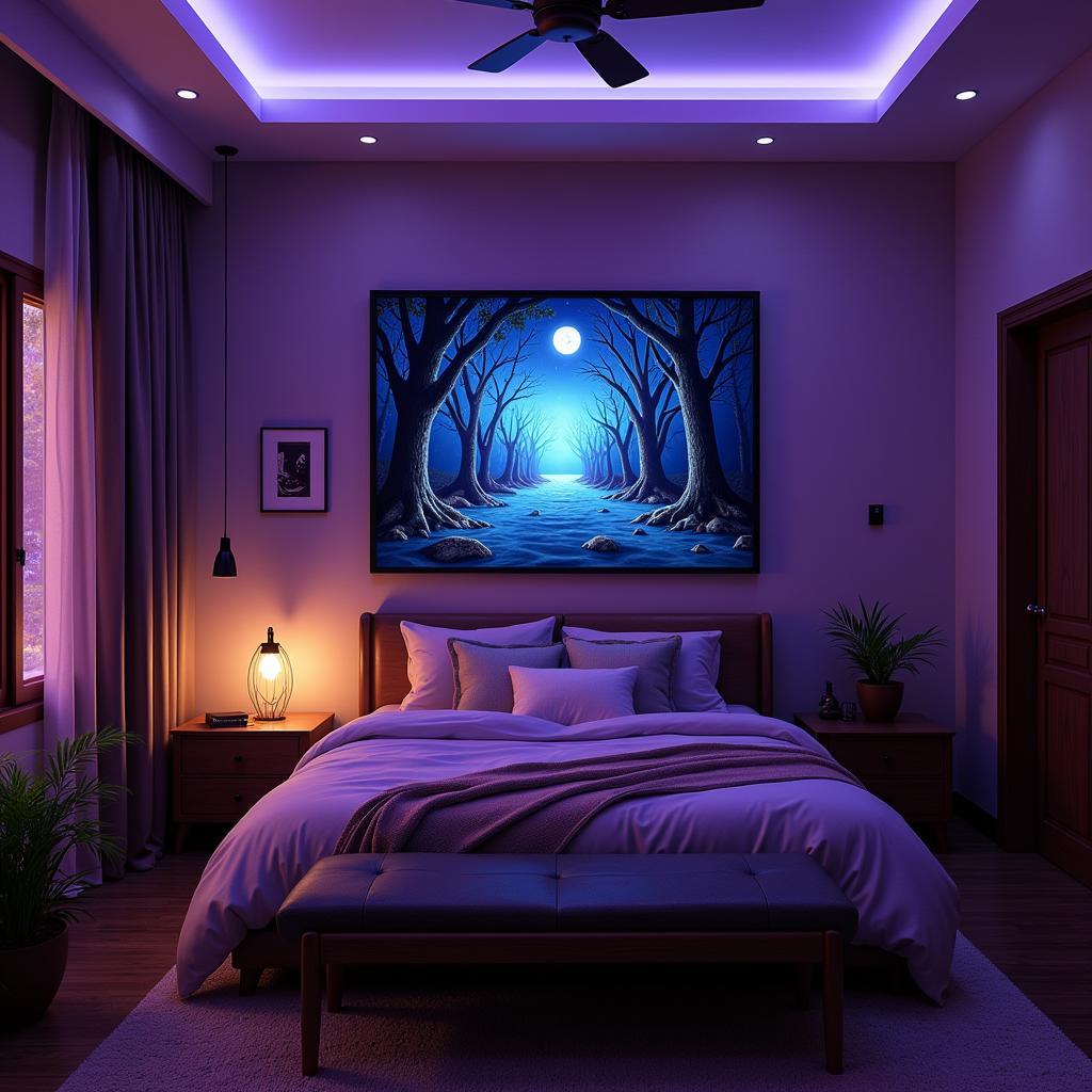 Trippy bedroom decor with ambient lighting highlighting the artwork