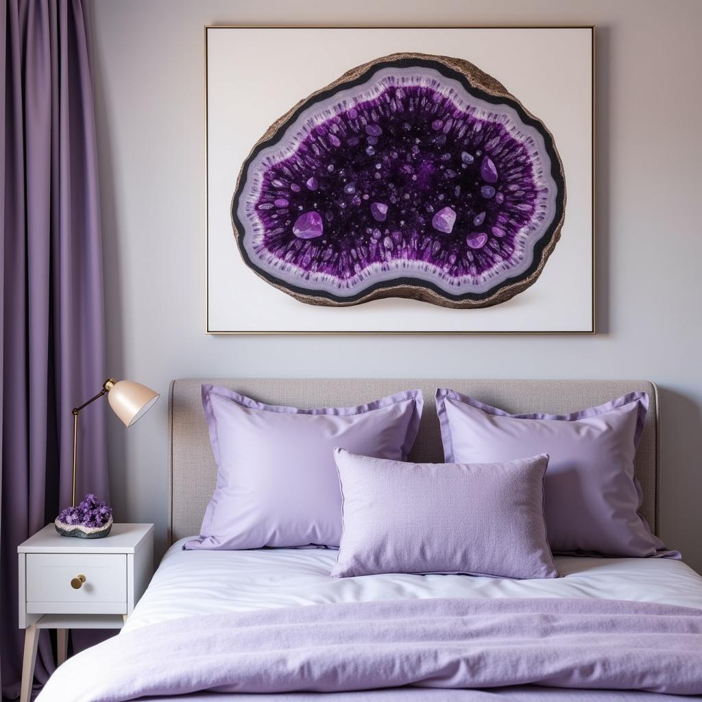 A bedroom decorated with amethyst-themed wall art, creating a serene and relaxing atmosphere.