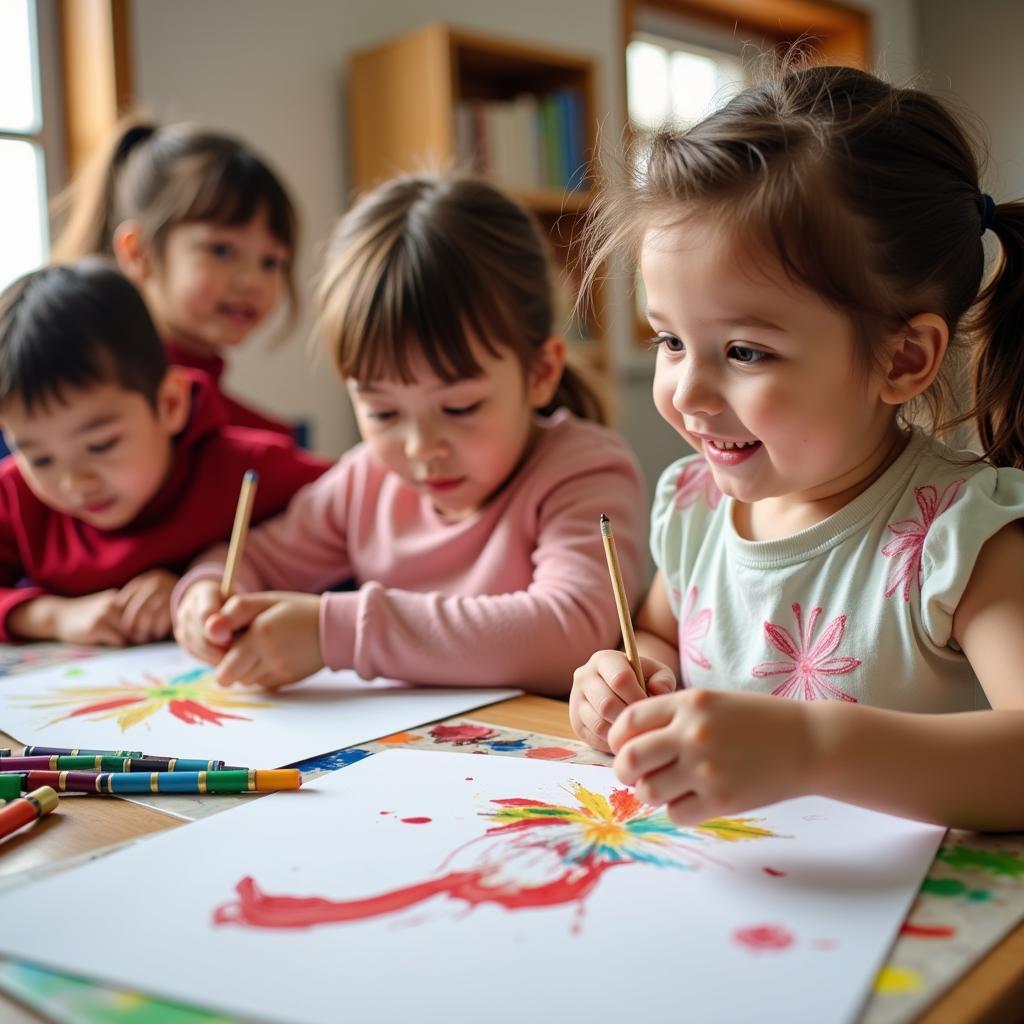 Children developing fine motor skills and expressing creativity through art