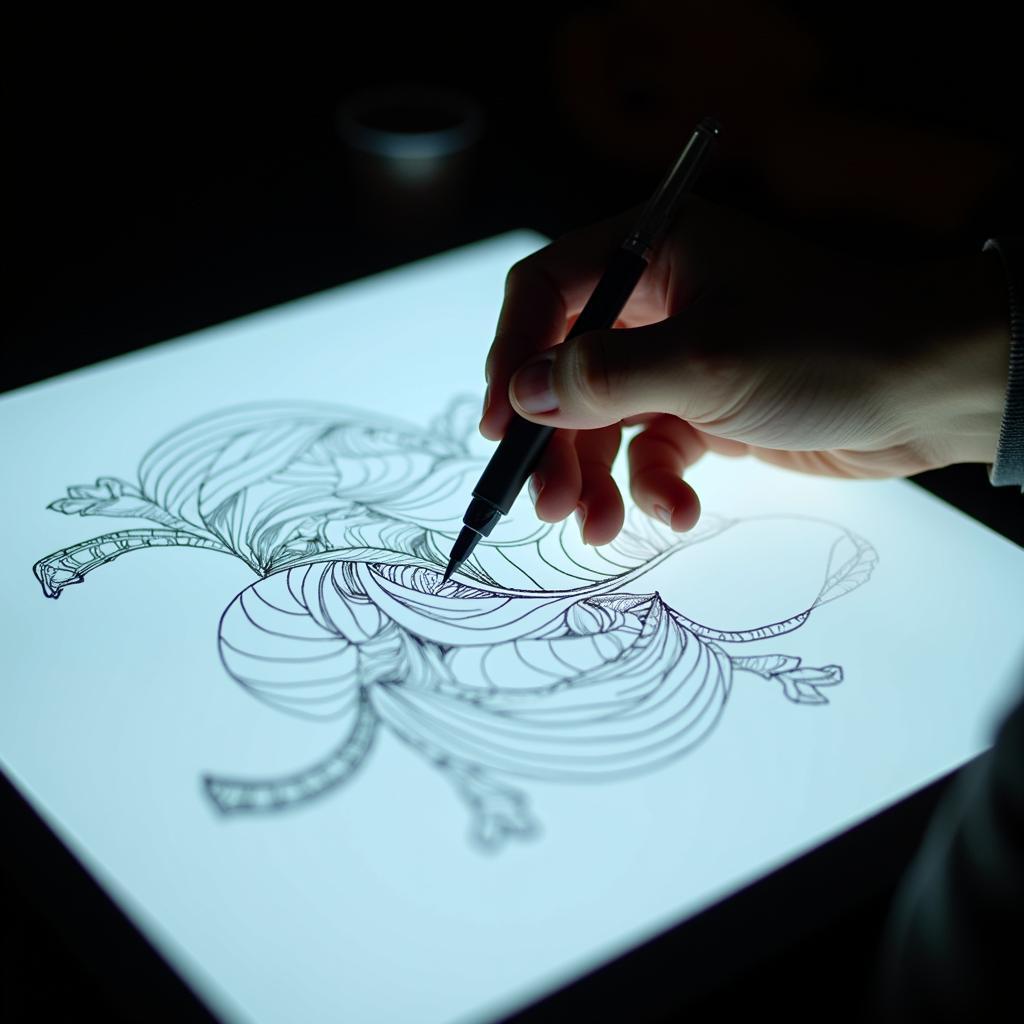 Close-up view of an artist's hand using a pen on an art o graph light pad.