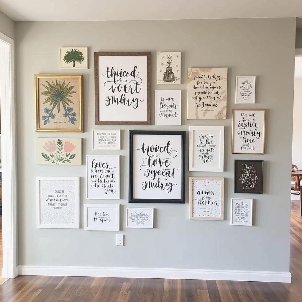 A gallery wall featuring various sizes and styles of bible canvas art, creating a visually appealing and inspiring display.