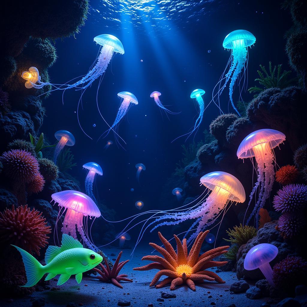 Various bioluminescent creatures illuminate the dark depths of the ocean