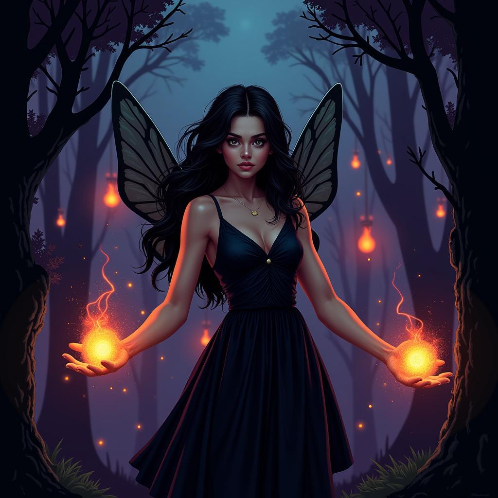 Black fairy creating magic in a dark forest