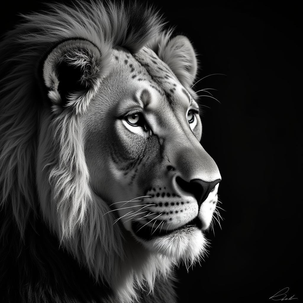 Black and white close-up portrait of a majestic lion in the wild