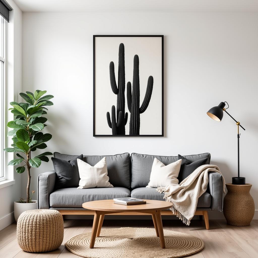 Black and White Desert Themed Living Room with Cactus Art