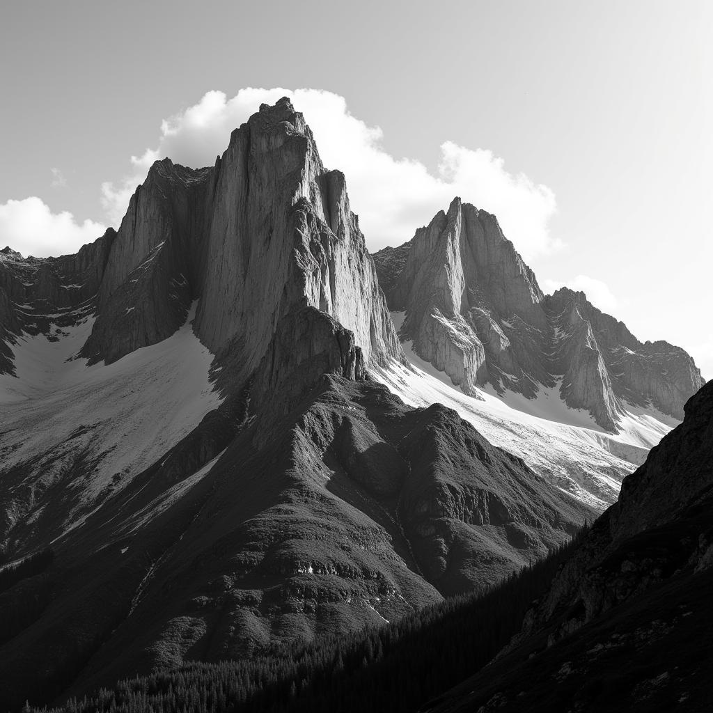 Black and white photograph of a mountain range, showcasing dramatic light and shadow play, perfect for wall art.