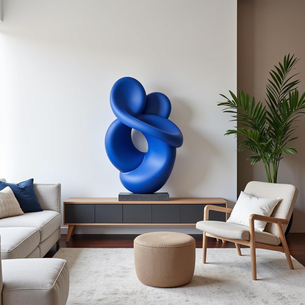 Blue boxwood sculpture displayed on a shelf in a modern living room.