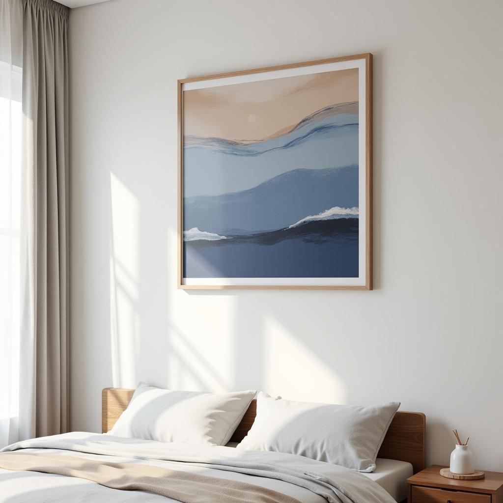 Blue and Brown Abstract Print in a Serene Bedroom