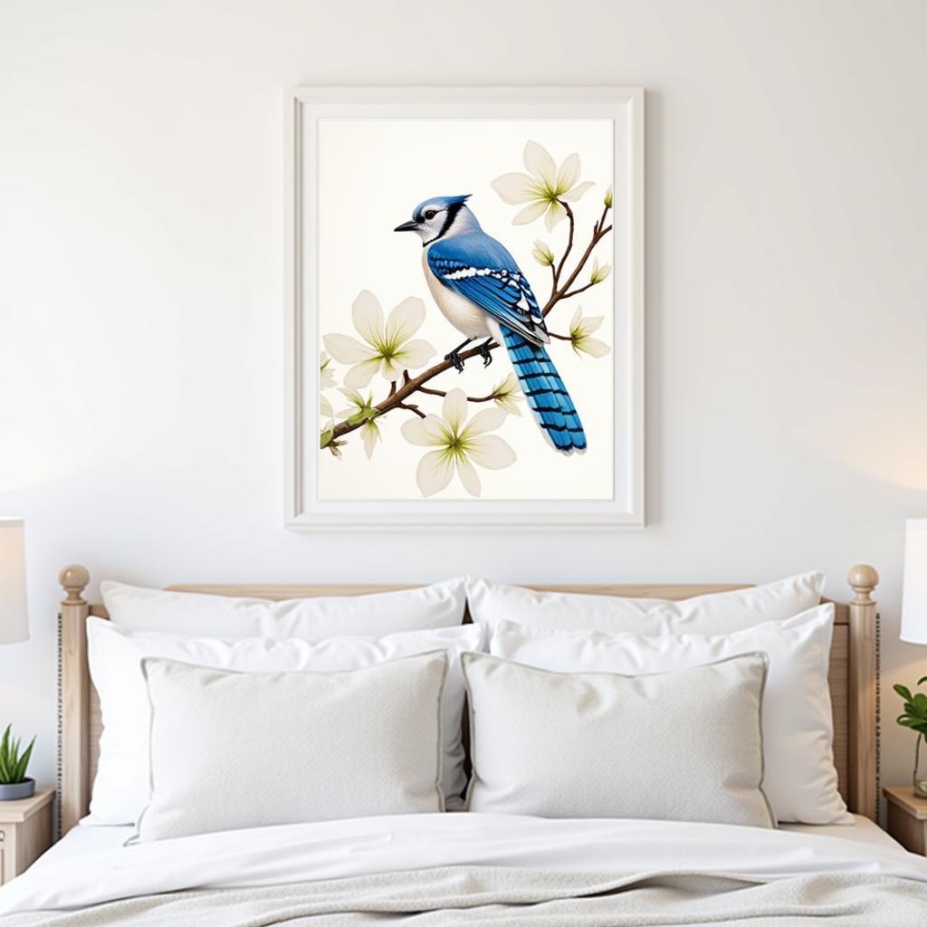 Blue Jay Watercolor Painting in a Bedroom