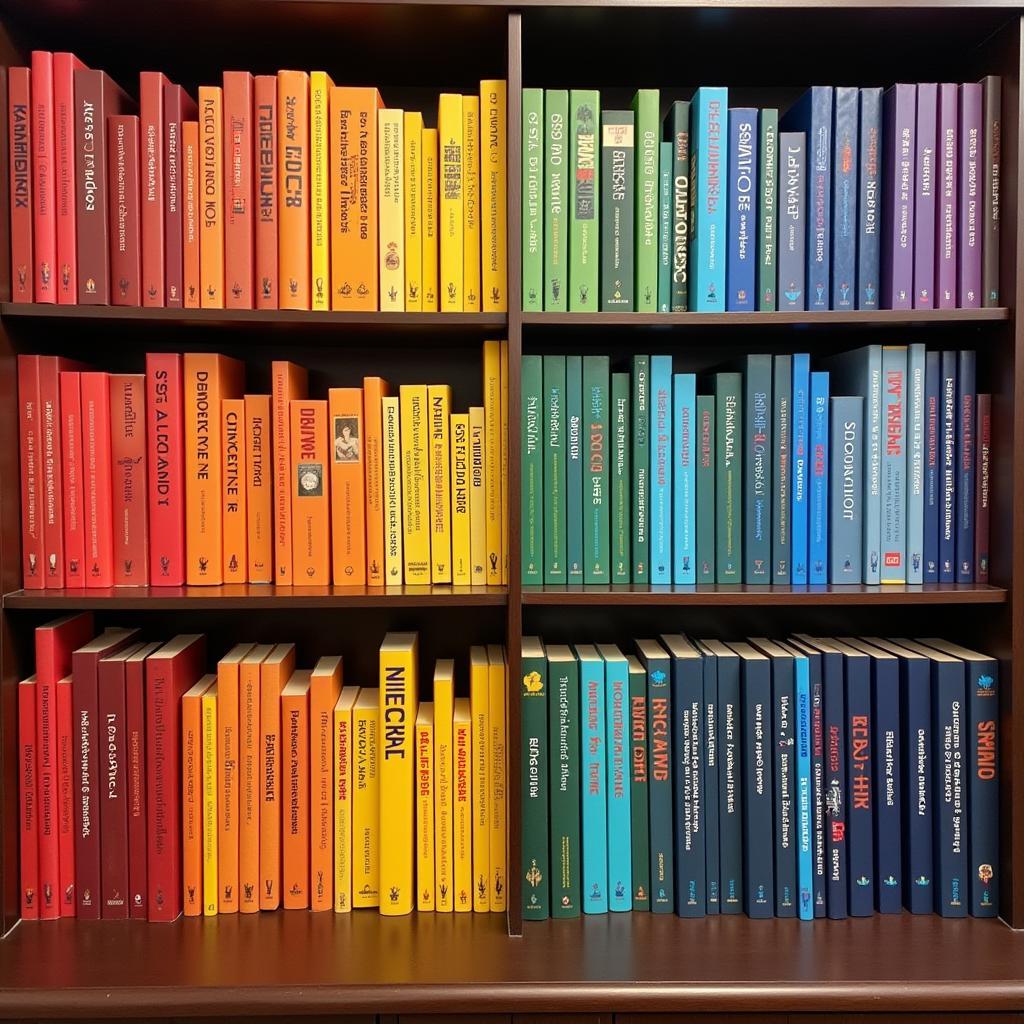 Book Spine Arrangement Creating Rainbow Effect