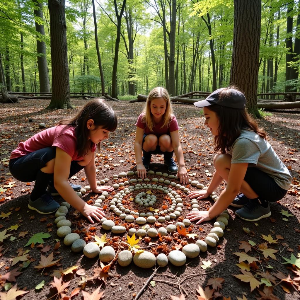 Brownies creating land art inspired by Andy Goldsworthy using rocks and leaves.