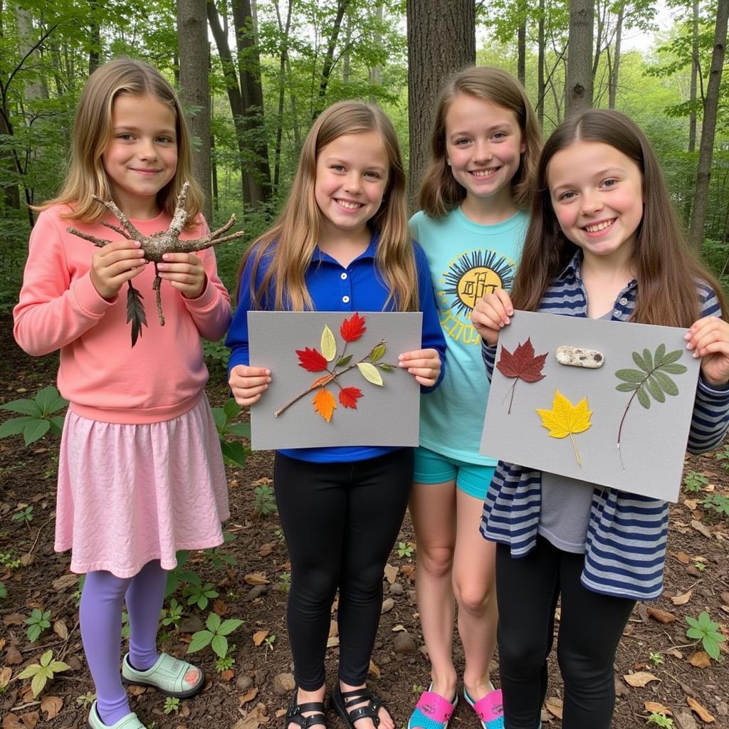 Brownies proudly displaying their nature-inspired artwork made for the Outdoor Art Creator Badge.